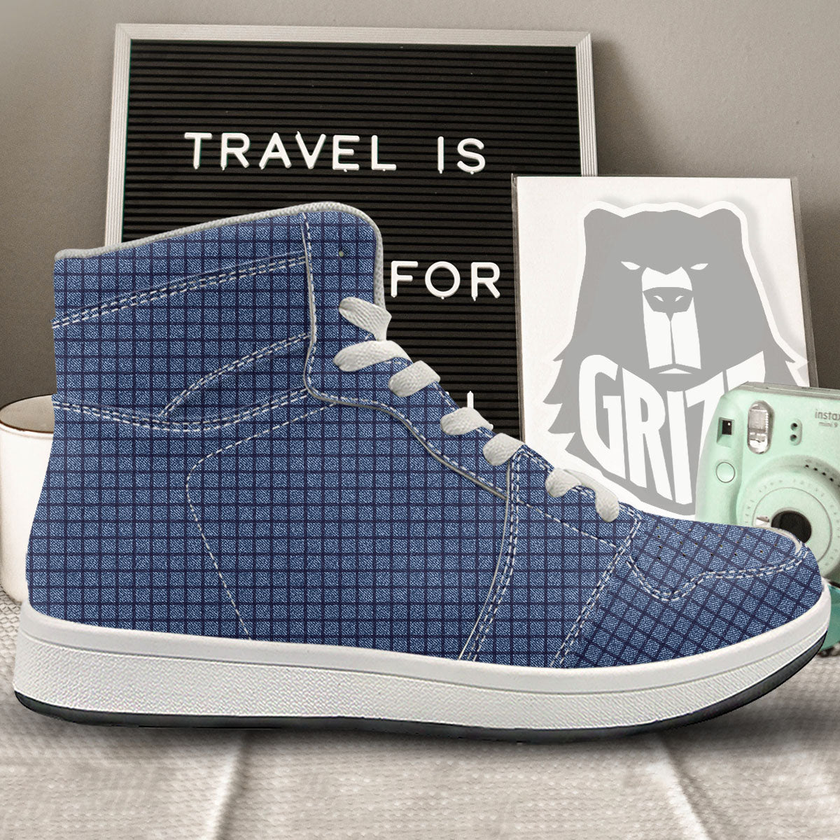 Windowpane Denim Print Pattern High Top Sneakers-grizzshop