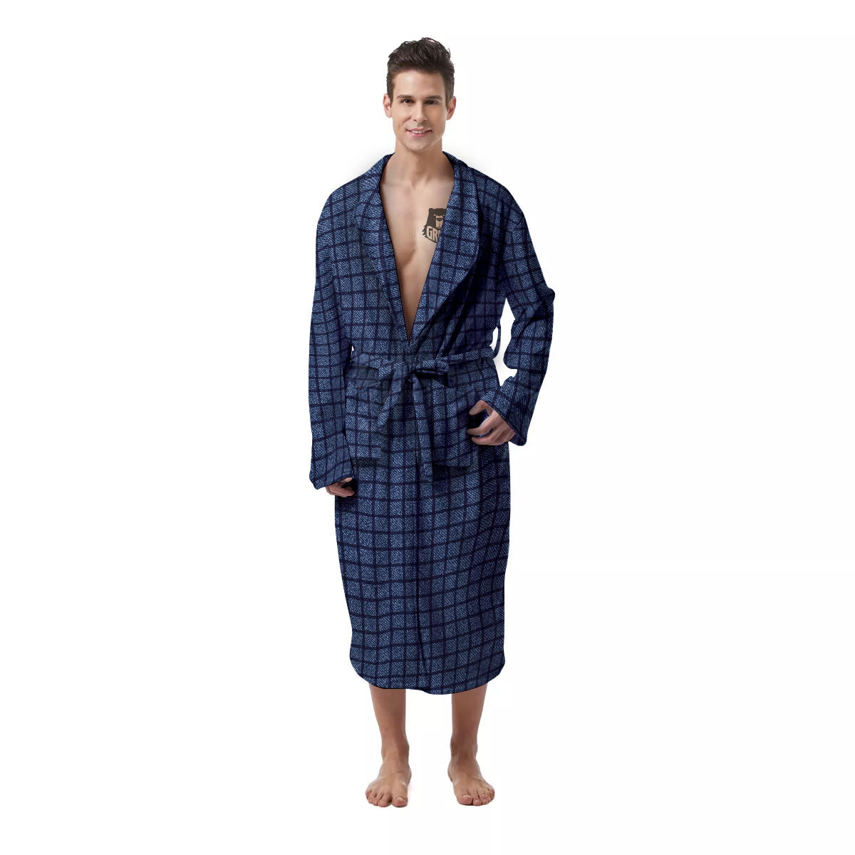 Windowpane Denim Print Pattern Men's Robe-grizzshop
