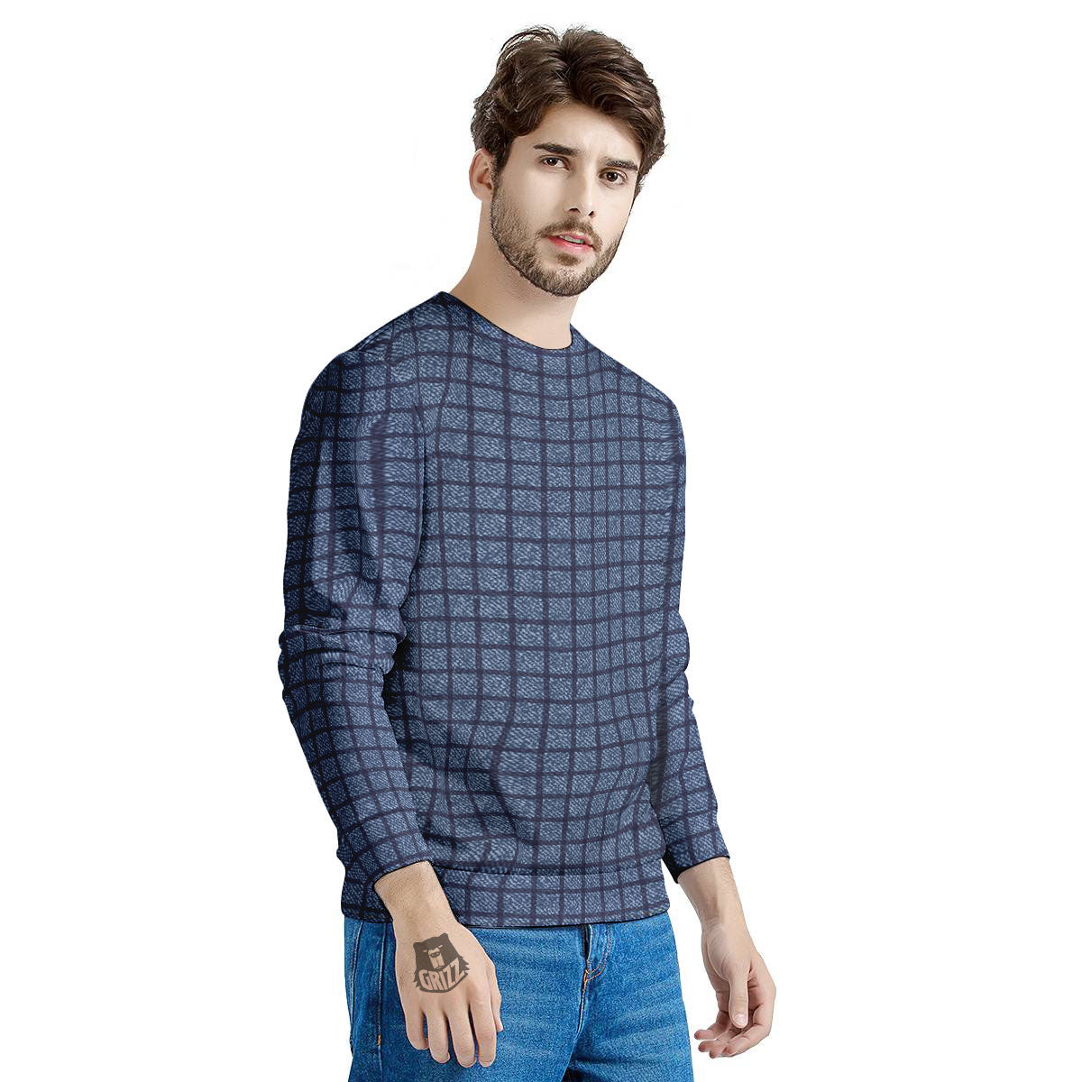 Windowpane Denim Print Pattern Men's Sweatshirt-grizzshop