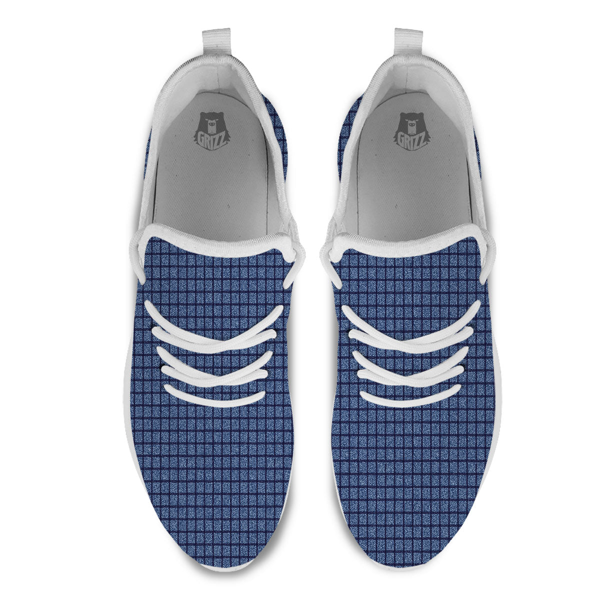Windowpane Denim Print Pattern White Athletic Shoes-grizzshop