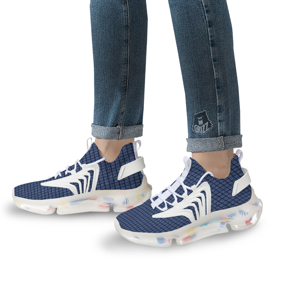 Windowpane Denim Print Pattern White Gym Shoes-grizzshop