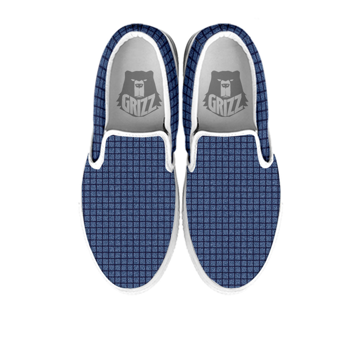 Windowpane Denim Print Pattern White Slip On Shoes-grizzshop