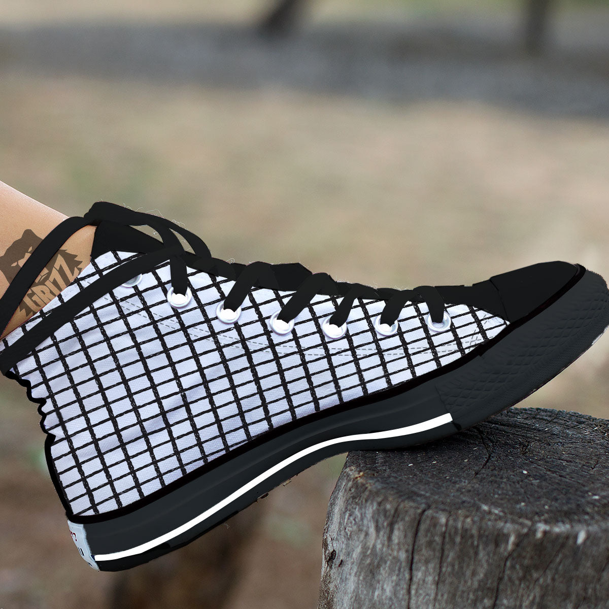 Windowpane Doodle Print Pattern Black High Top Shoes-grizzshop