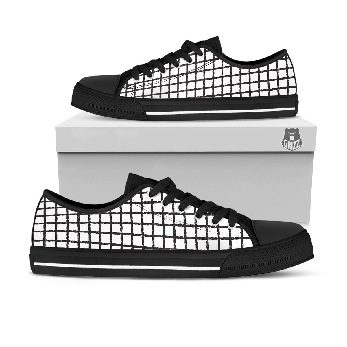 Windowpane Doodle Print Pattern Black Low Top Shoes-grizzshop