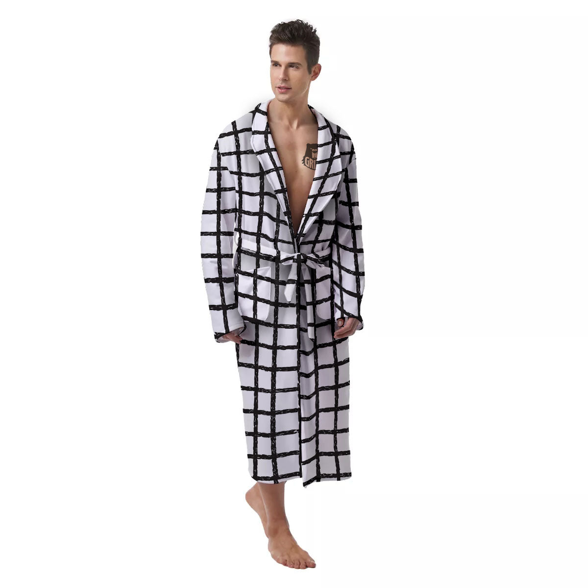 Windowpane Doodle Print Pattern Men's Robe-grizzshop