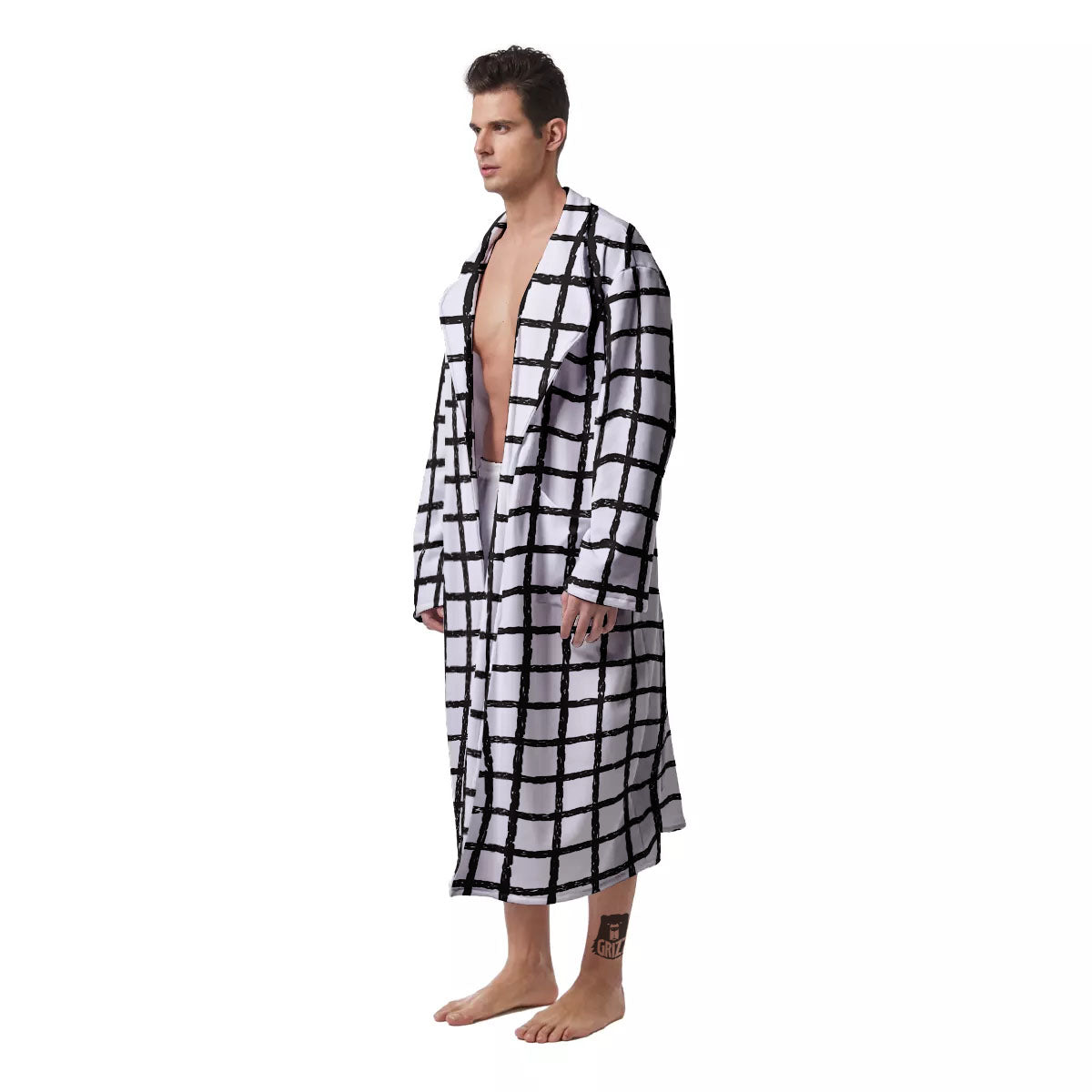 Windowpane Doodle Print Pattern Men's Robe-grizzshop