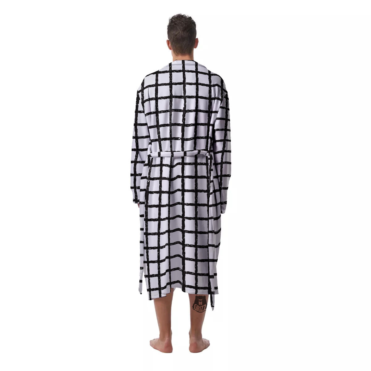 Windowpane Doodle Print Pattern Men's Robe-grizzshop