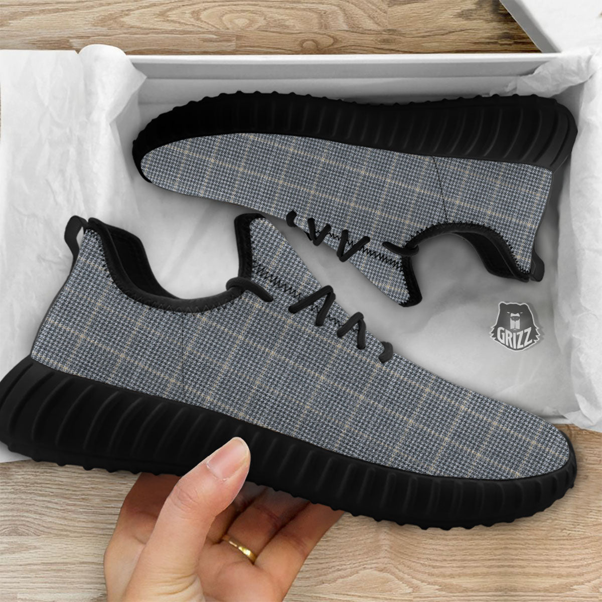 Windowpane Grey Print Pattern Black Walking Shoes-grizzshop