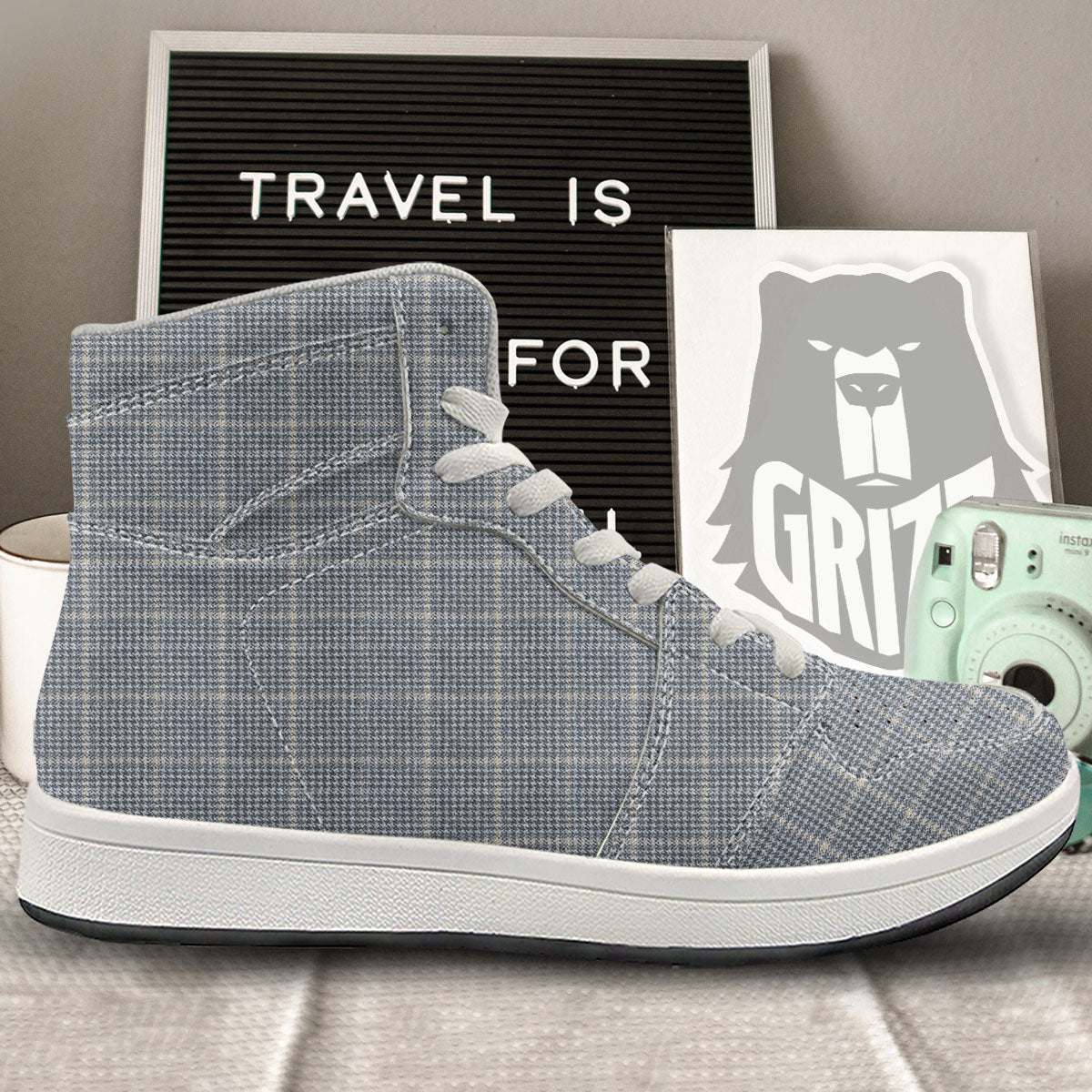 Windowpane Grey Print Pattern High Top Sneakers-grizzshop