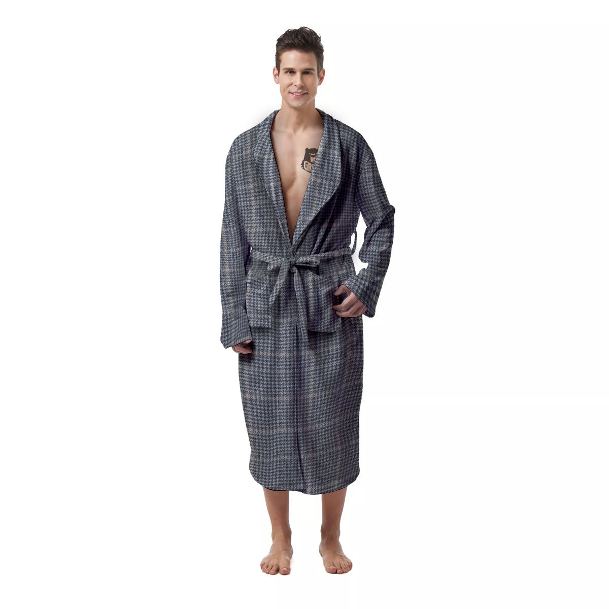 Windowpane Grey Print Pattern Men's Robe-grizzshop
