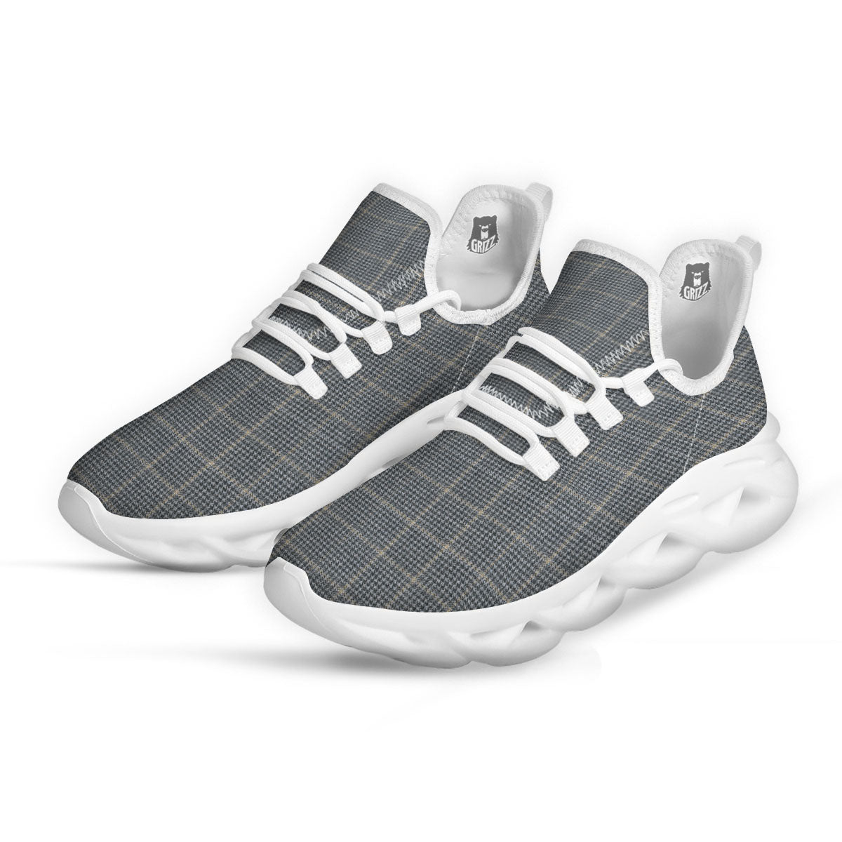 Windowpane Grey Print Pattern White Running Shoes-grizzshop