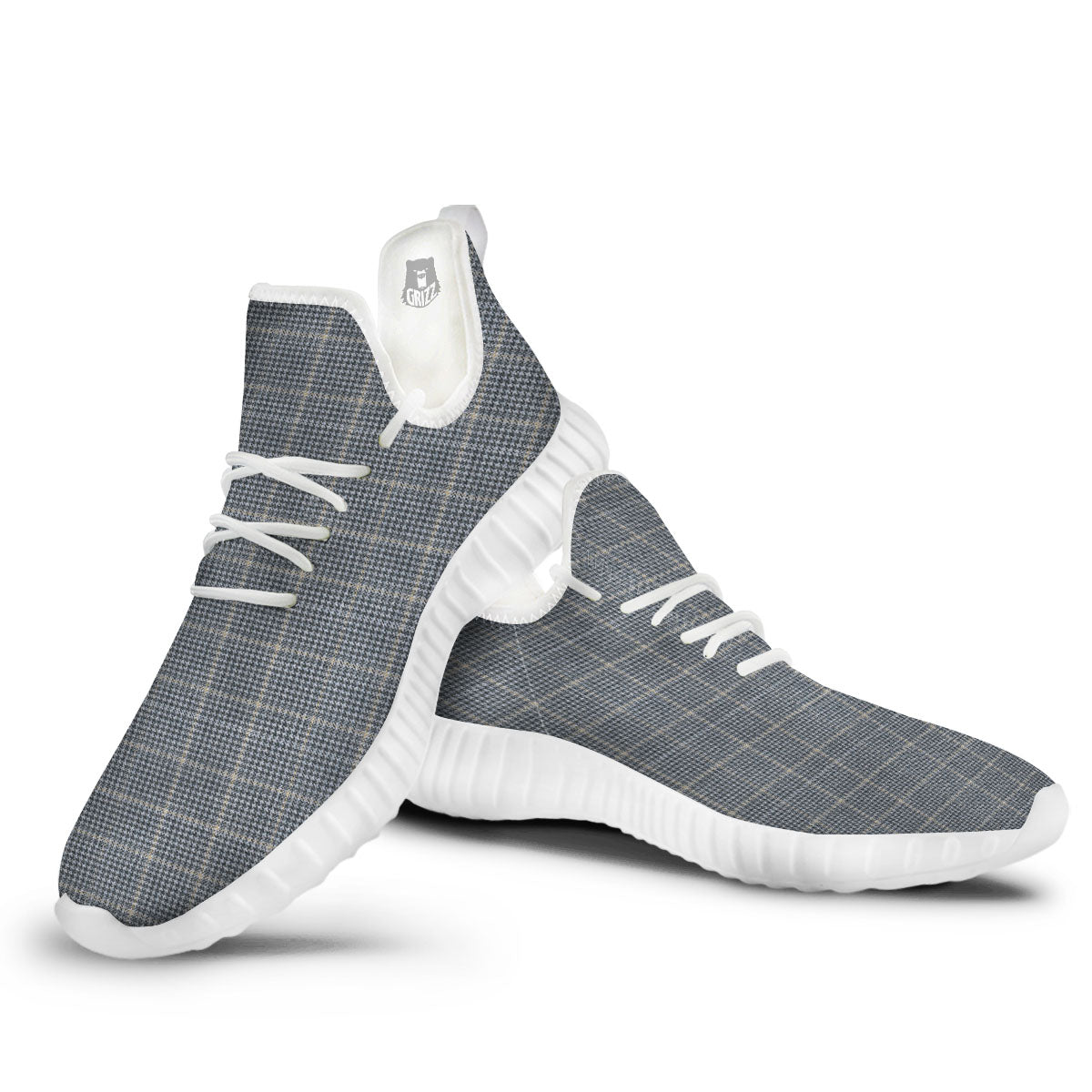 Windowpane Grey Print Pattern White Walking Shoes-grizzshop