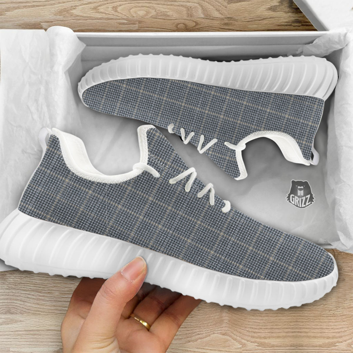 Windowpane Grey Print Pattern White Walking Shoes-grizzshop