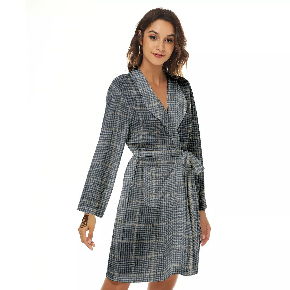 Windowpane Grey Print Pattern Women's Robe-grizzshop
