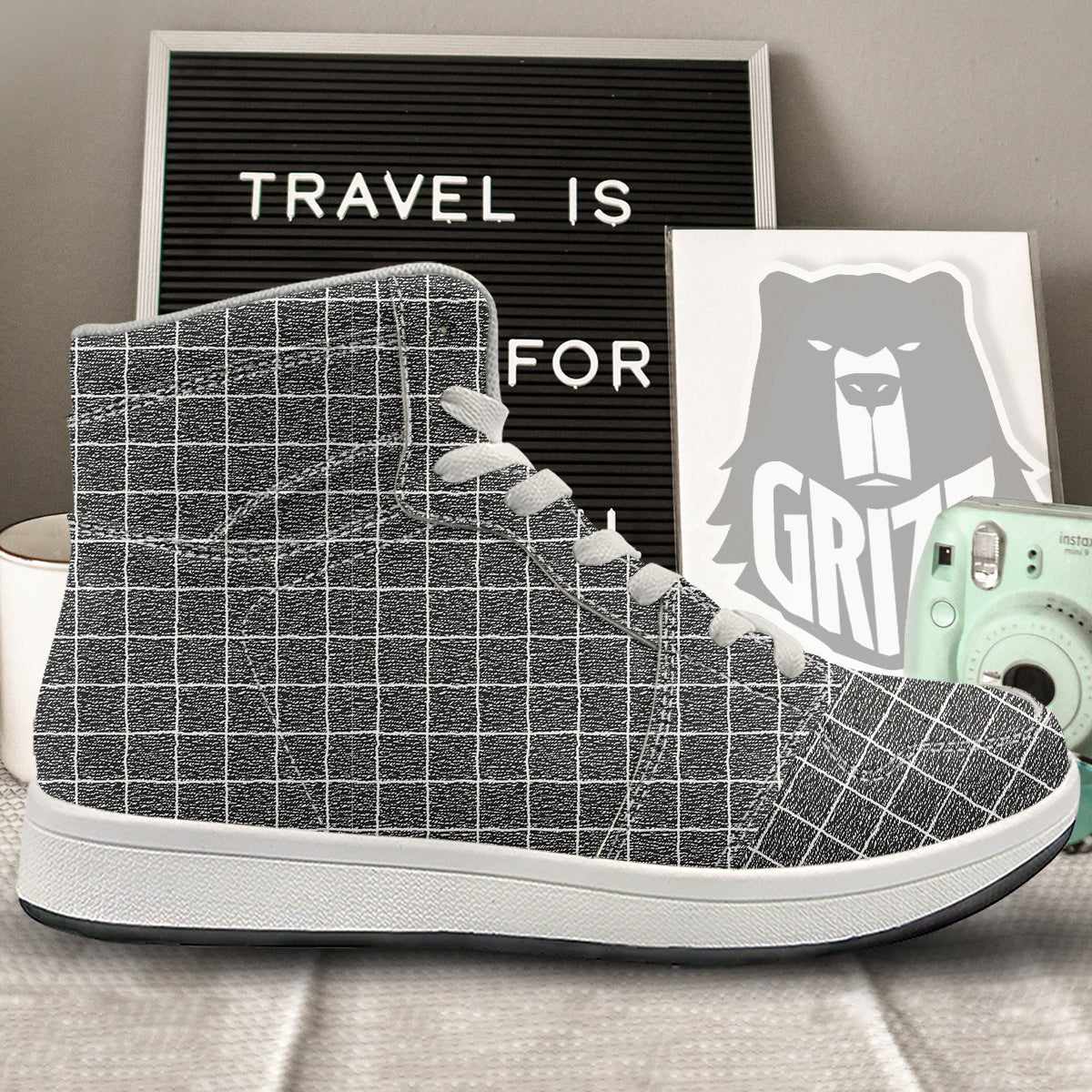 Windowpane Noisy Print Pattern High Top Sneakers-grizzshop