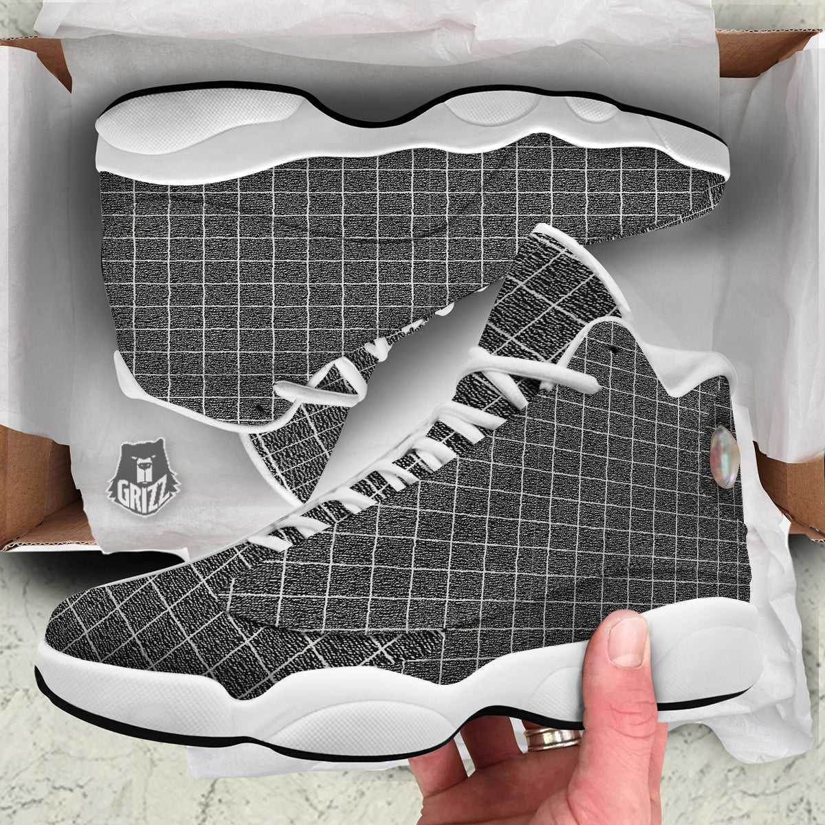 Windowpane Noisy Print Pattern White Basketball Shoes-grizzshop