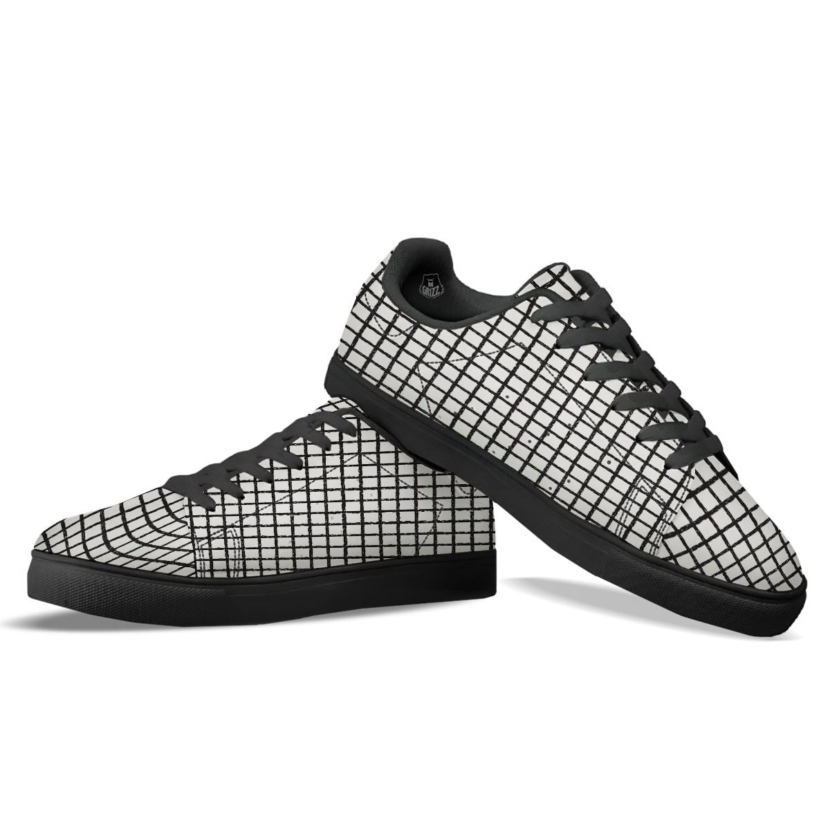 Windowpane White And Black Print Pattern Black Low Top Sneakers-grizzshop