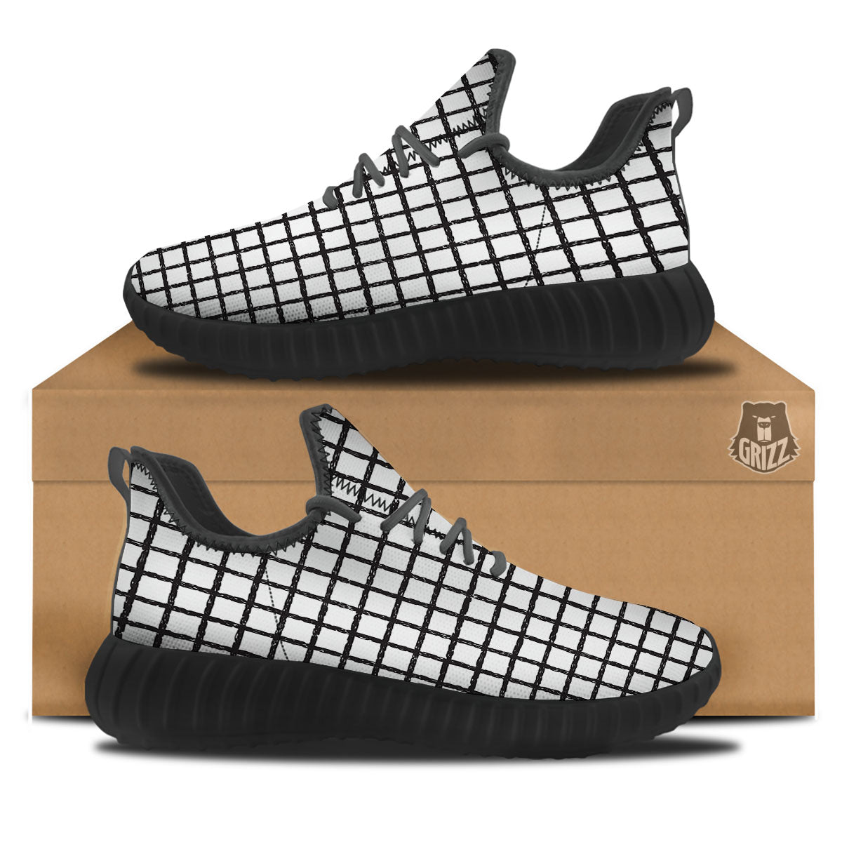 Windowpane White And Black Print Pattern Black Walking Shoes-grizzshop