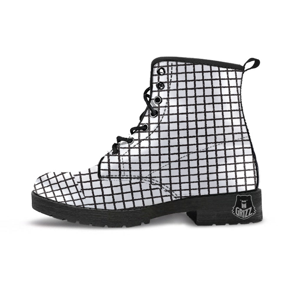 Windowpane White And Black Print Pattern Leather Boots-grizzshop