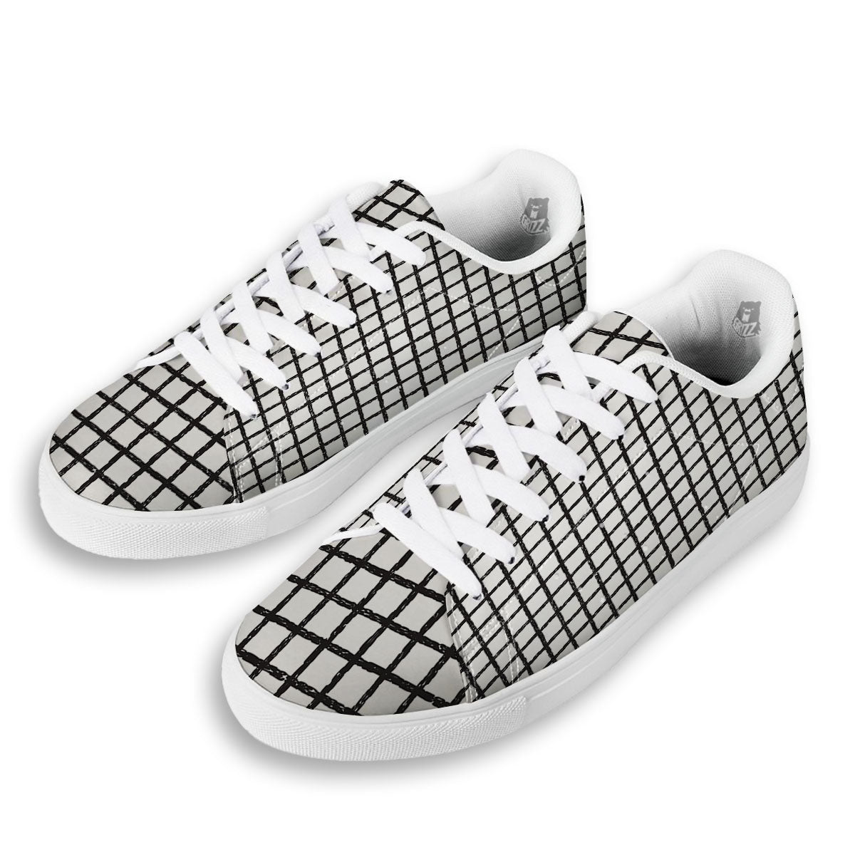 Windowpane White And Black Print Pattern White Low Top Sneakers-grizzshop