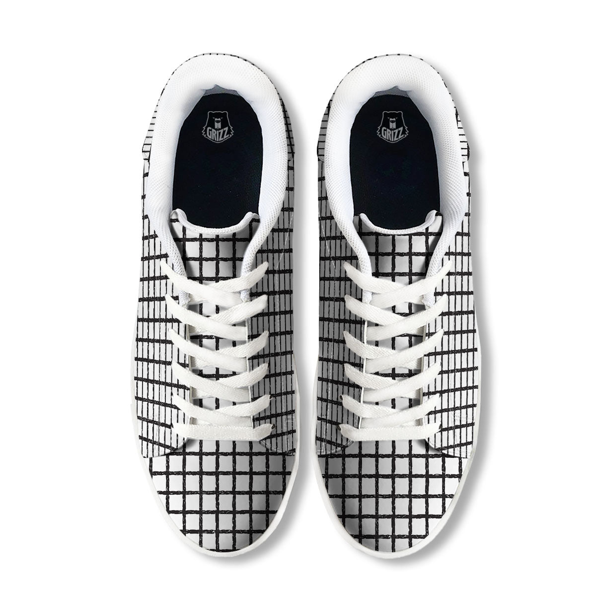 Windowpane White And Black Print Pattern White Low Top Sneakers-grizzshop