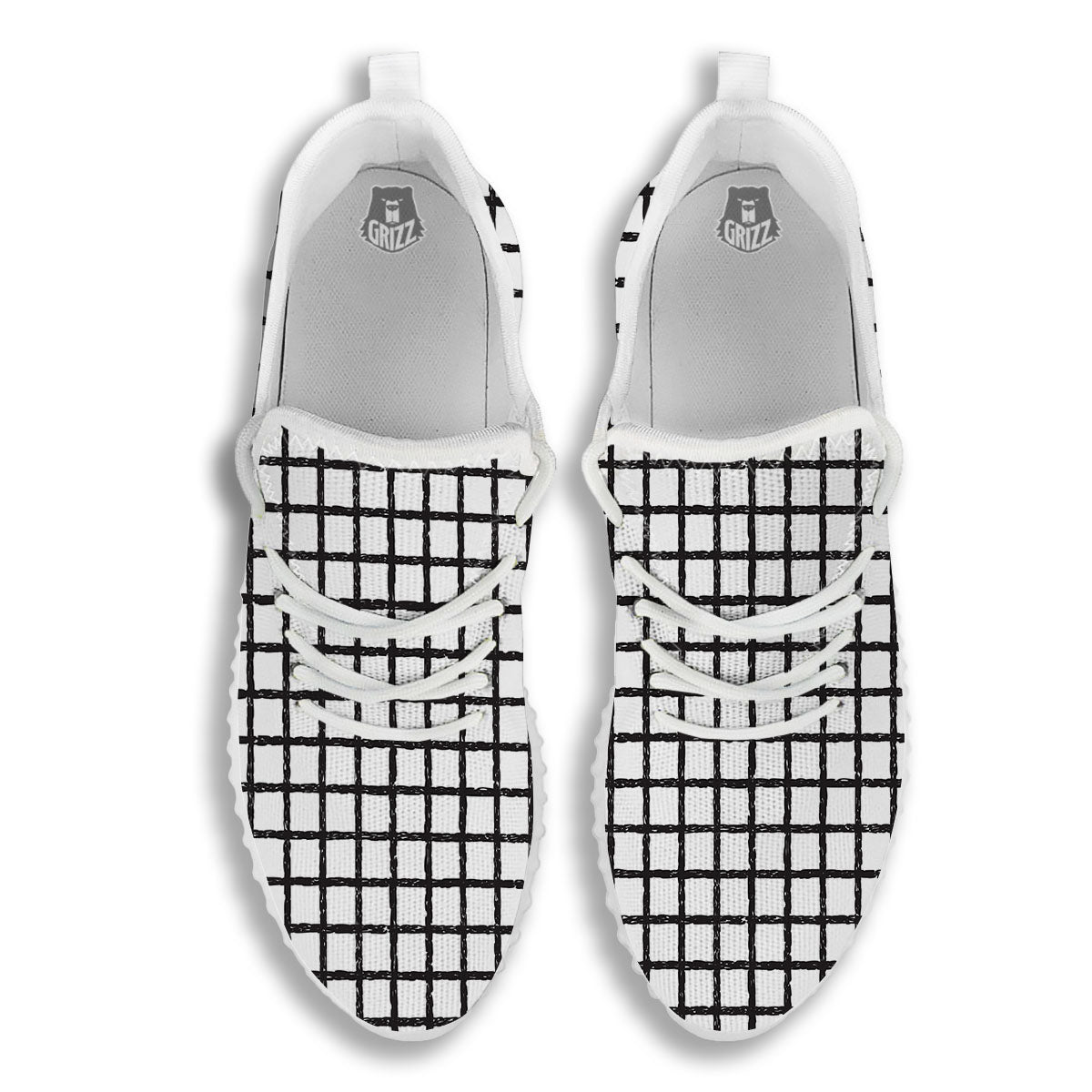 Windowpane White And Black Print Pattern White Walking Shoes-grizzshop
