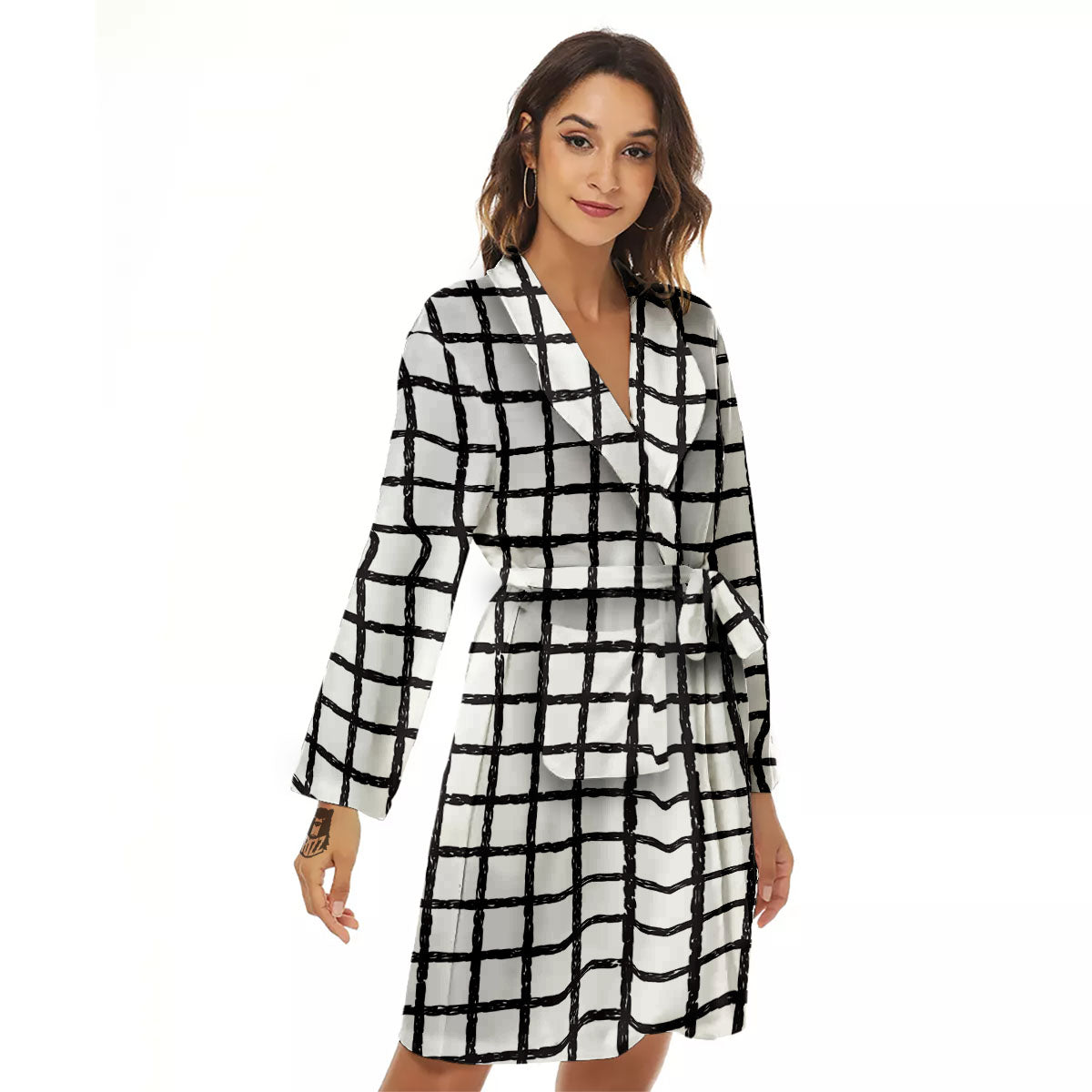 Windowpane White And Black Print Pattern Women's Robe-grizzshop