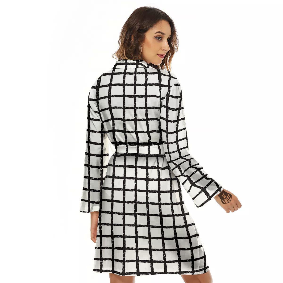 Windowpane White And Black Print Pattern Women's Robe-grizzshop