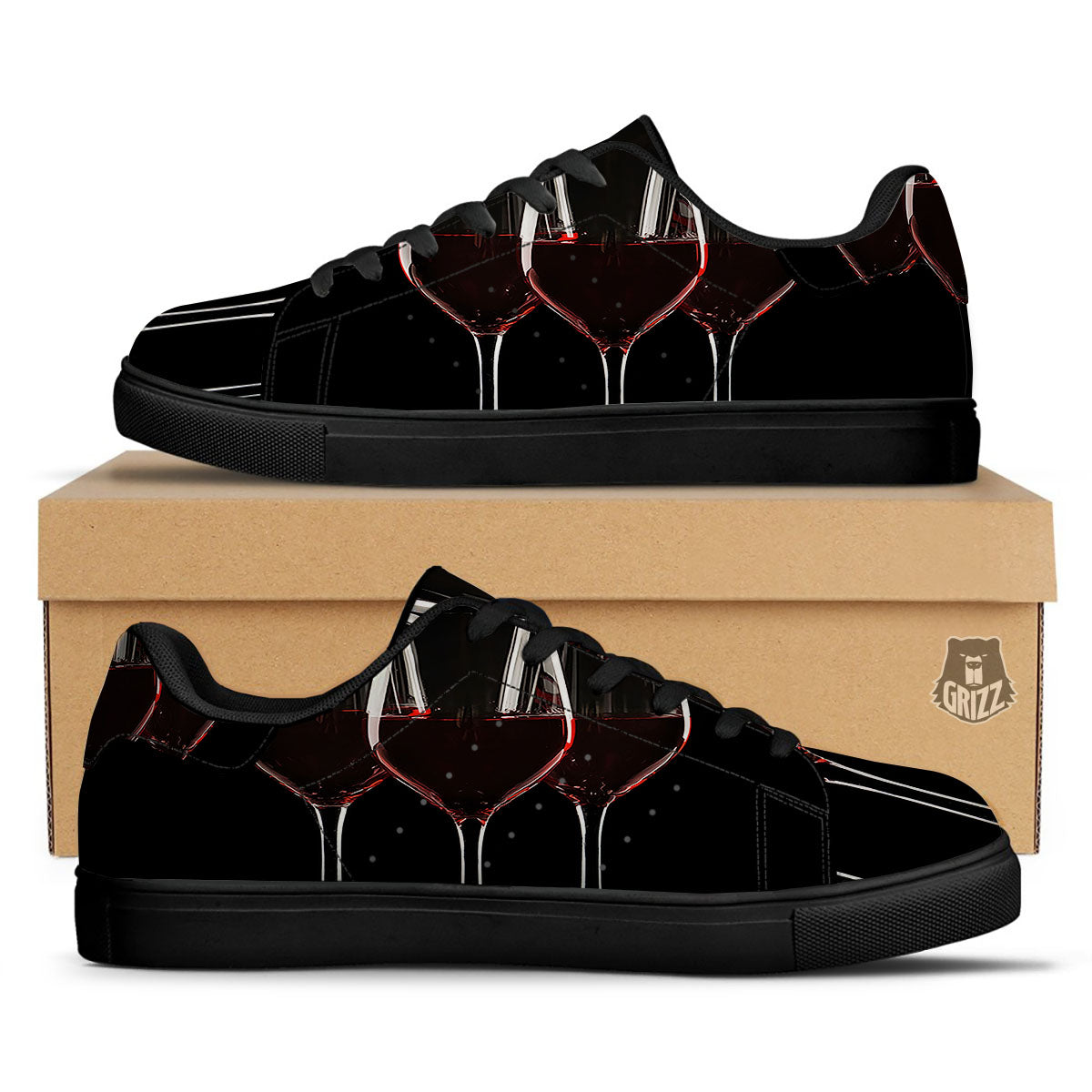 Wine Glasses Print Black Low Top Sneakers-grizzshop