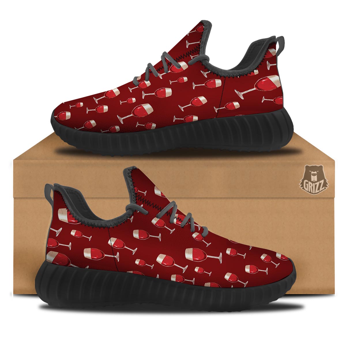 Wine Red Print Pattern Black Walking Shoes-grizzshop