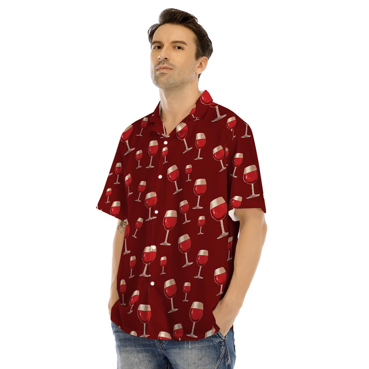 Wine Red Print Pattern Men's Hawaiian Shirt-grizzshop