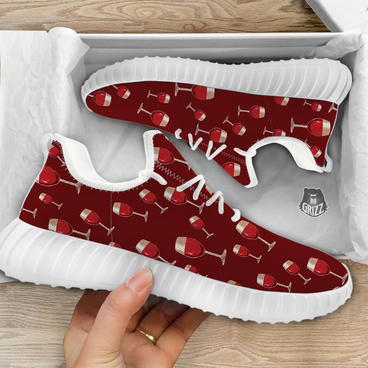 Wine Red Print Pattern White Walking Shoes-grizzshop