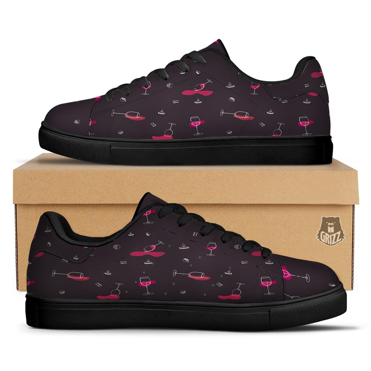 Wine Splash Print Pattern Black Low Top Sneakers-grizzshop