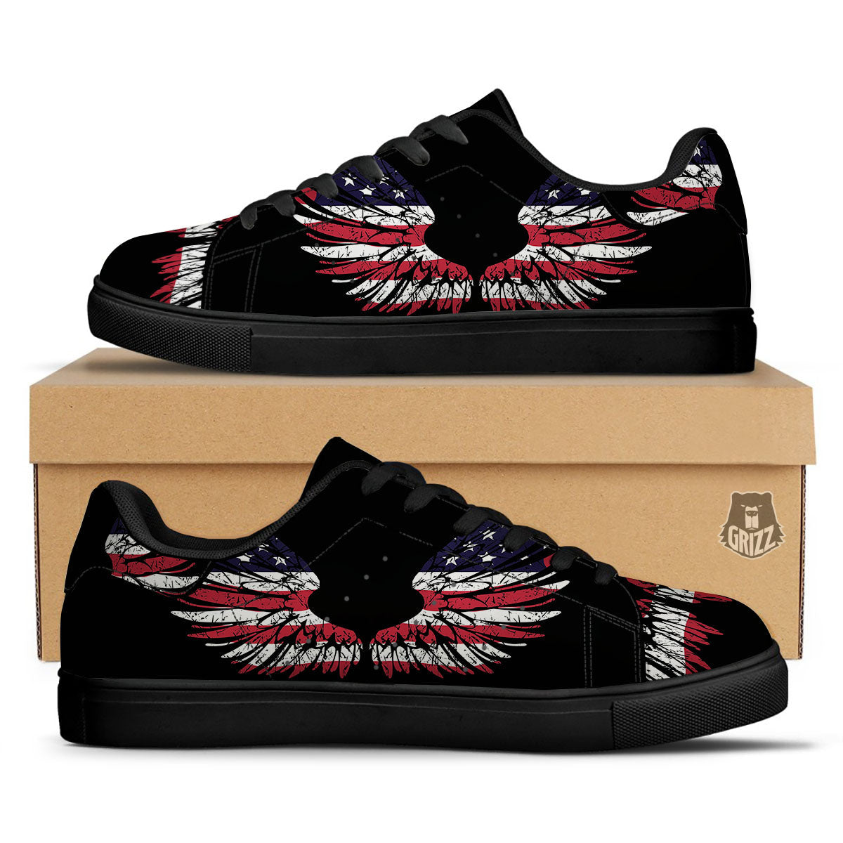 Wing Flag American Print Black Low Top Sneakers-grizzshop