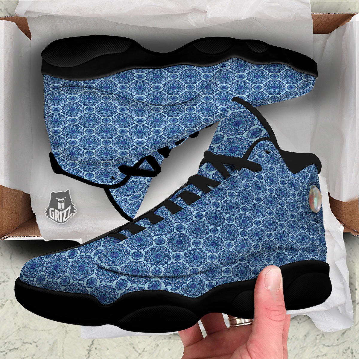 Winter Mandala Blue Print Black Basketball Shoes-grizzshop