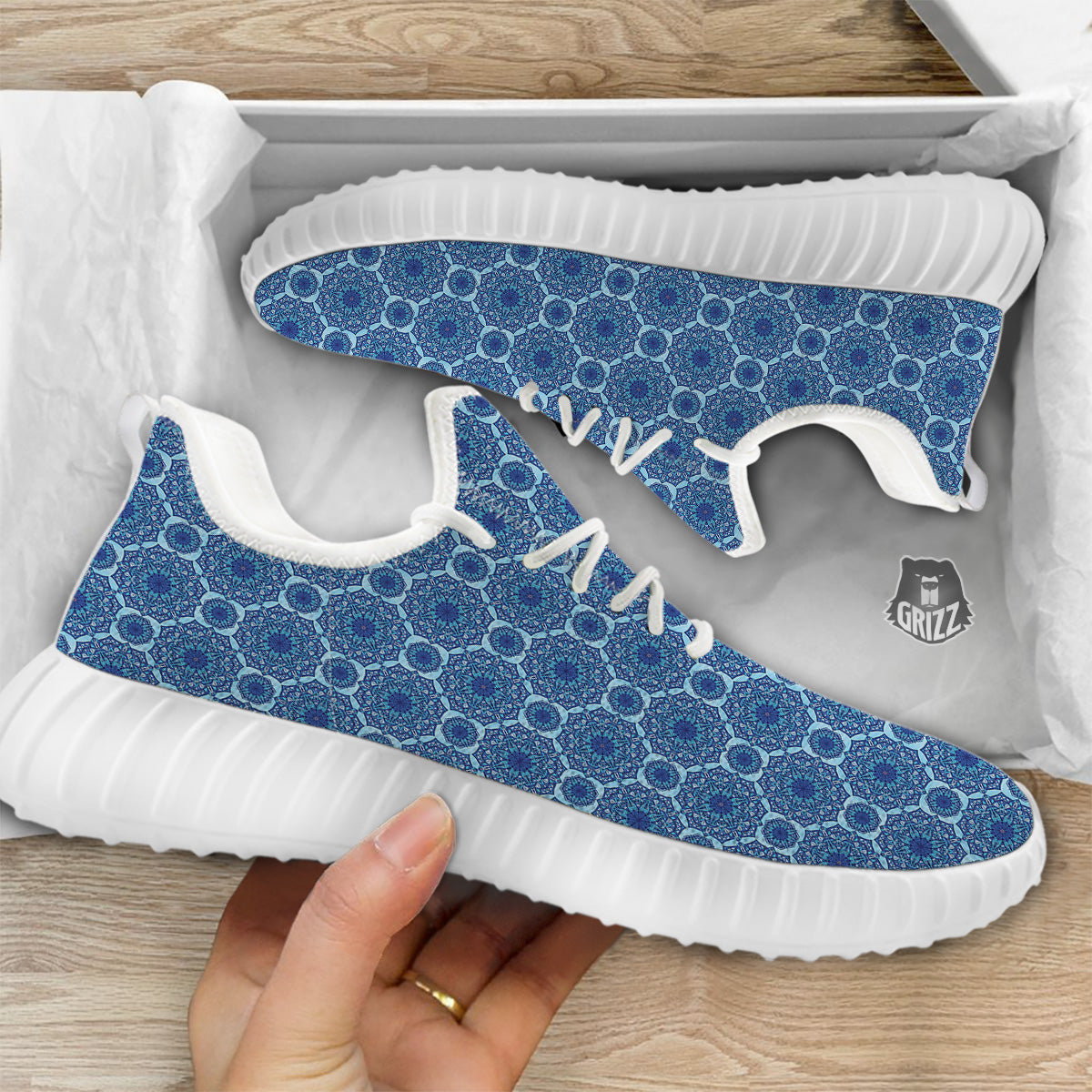 Winter Mandala Blue Print White Walking Shoes-grizzshop