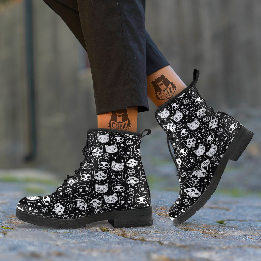 Witch And Ghost Black White Print Pattern Leather Boots-grizzshop