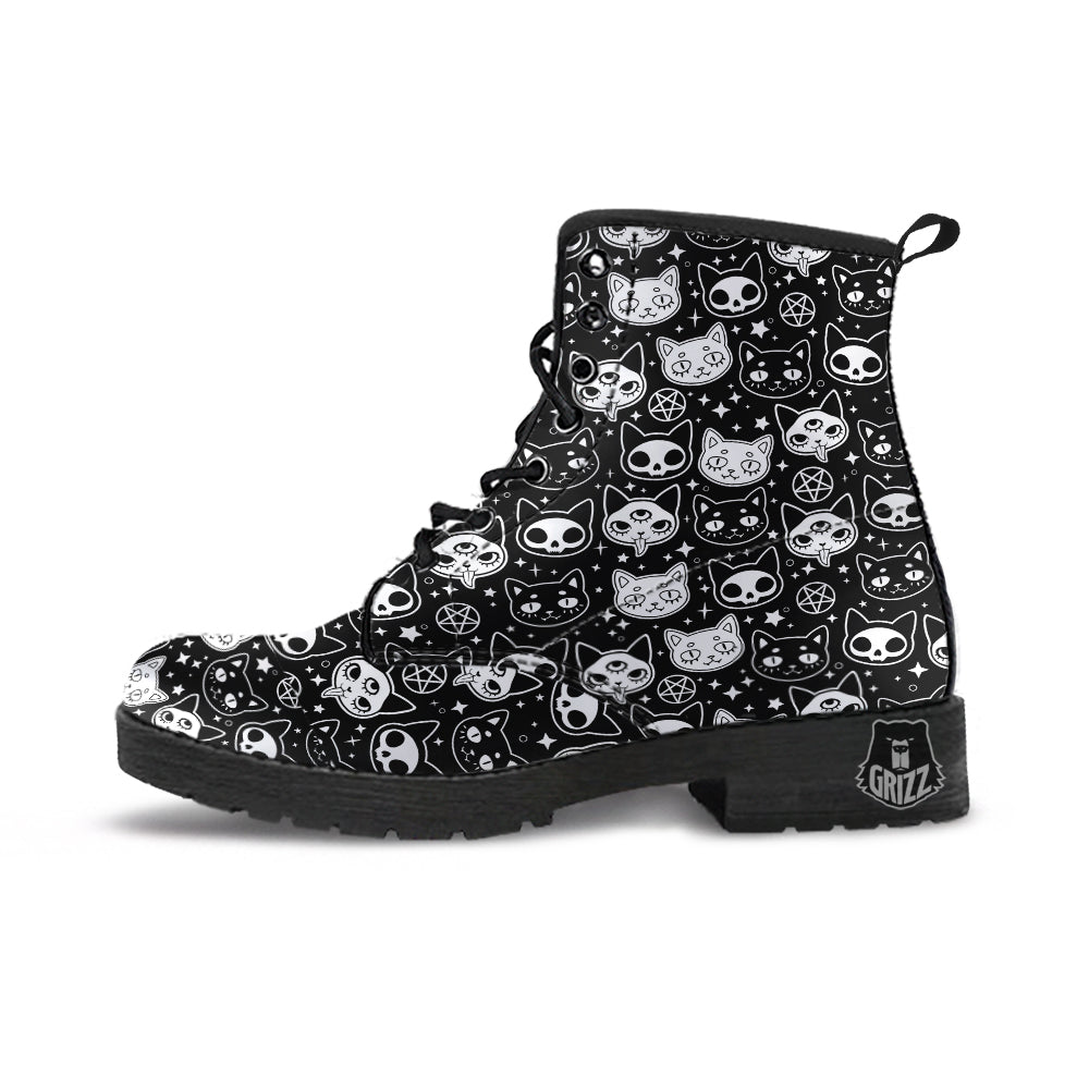 Witch And Ghost Black White Print Pattern Leather Boots-grizzshop
