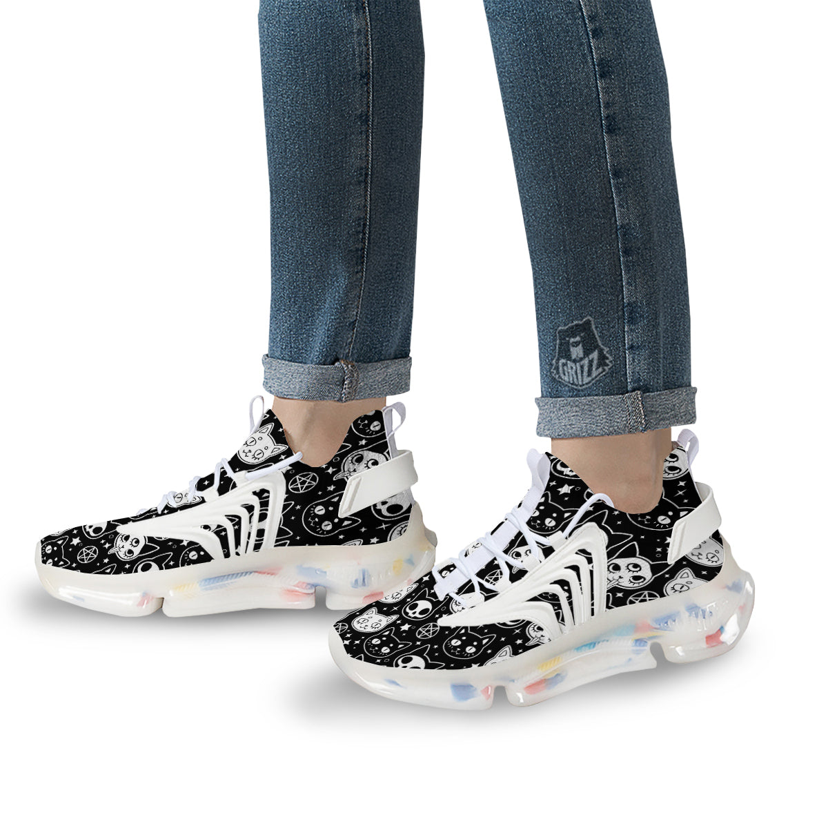 Witch And Ghost Black White Print Pattern White Gym Shoes-grizzshop