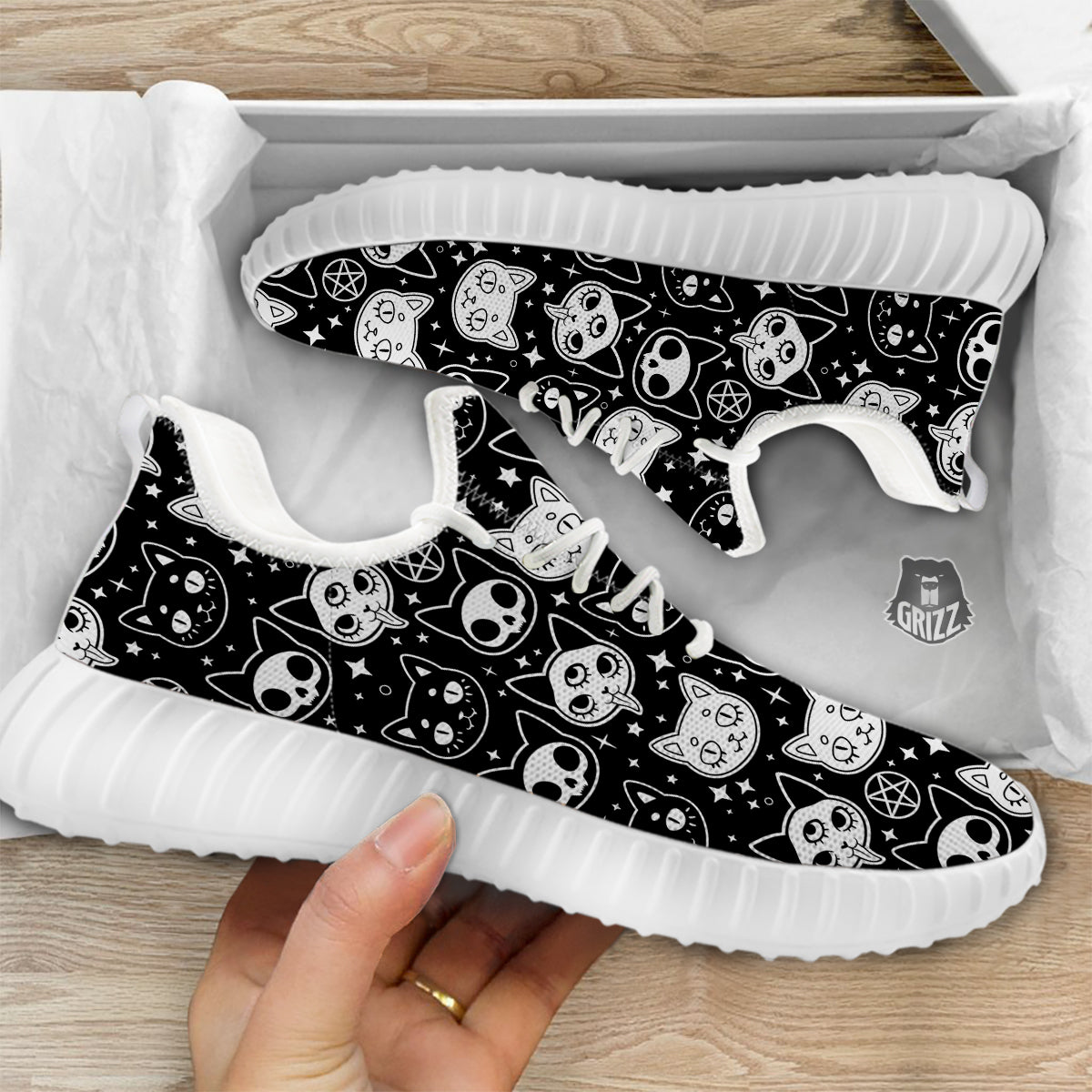 Witch And Ghost Black White Print Pattern White Walking Shoes-grizzshop