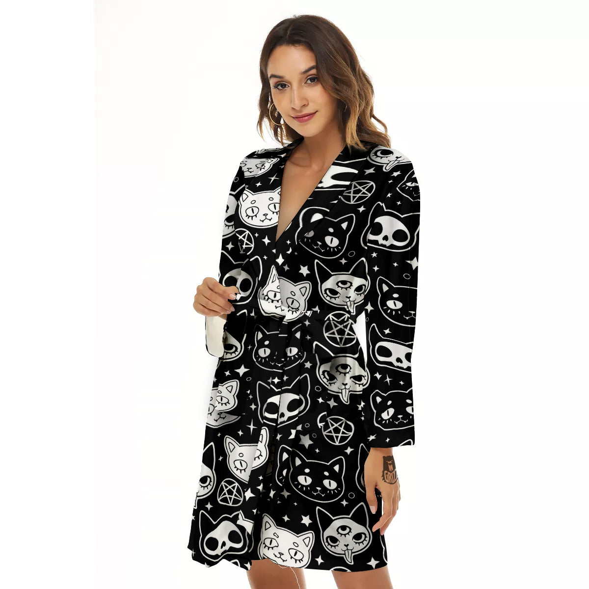 Witch And Ghost Black White Print Pattern Women's Robe-grizzshop