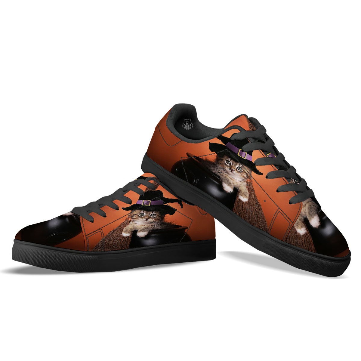 Witch Cat Halloween Cute Print Black Low Top Sneakers-grizzshop