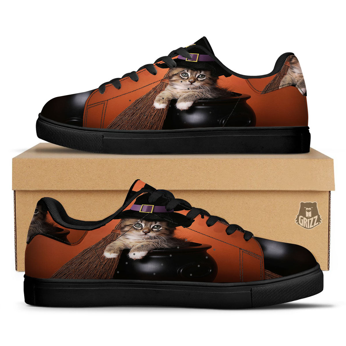 Witch Cat Halloween Cute Print Black Low Top Sneakers-grizzshop