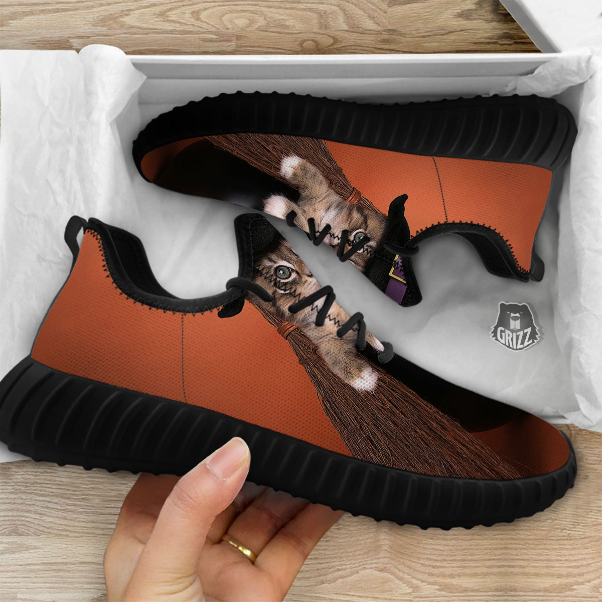 Witch Cat Halloween Cute Print Black Walking Shoes-grizzshop