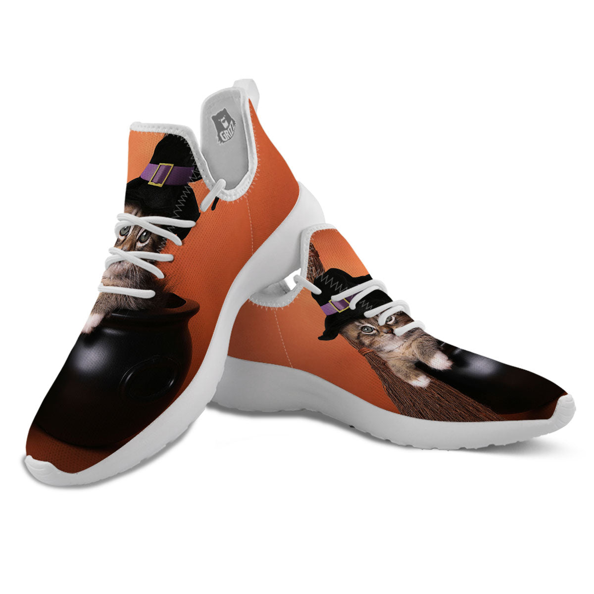 Witch Cat Halloween Cute Print White Athletic Shoes-grizzshop
