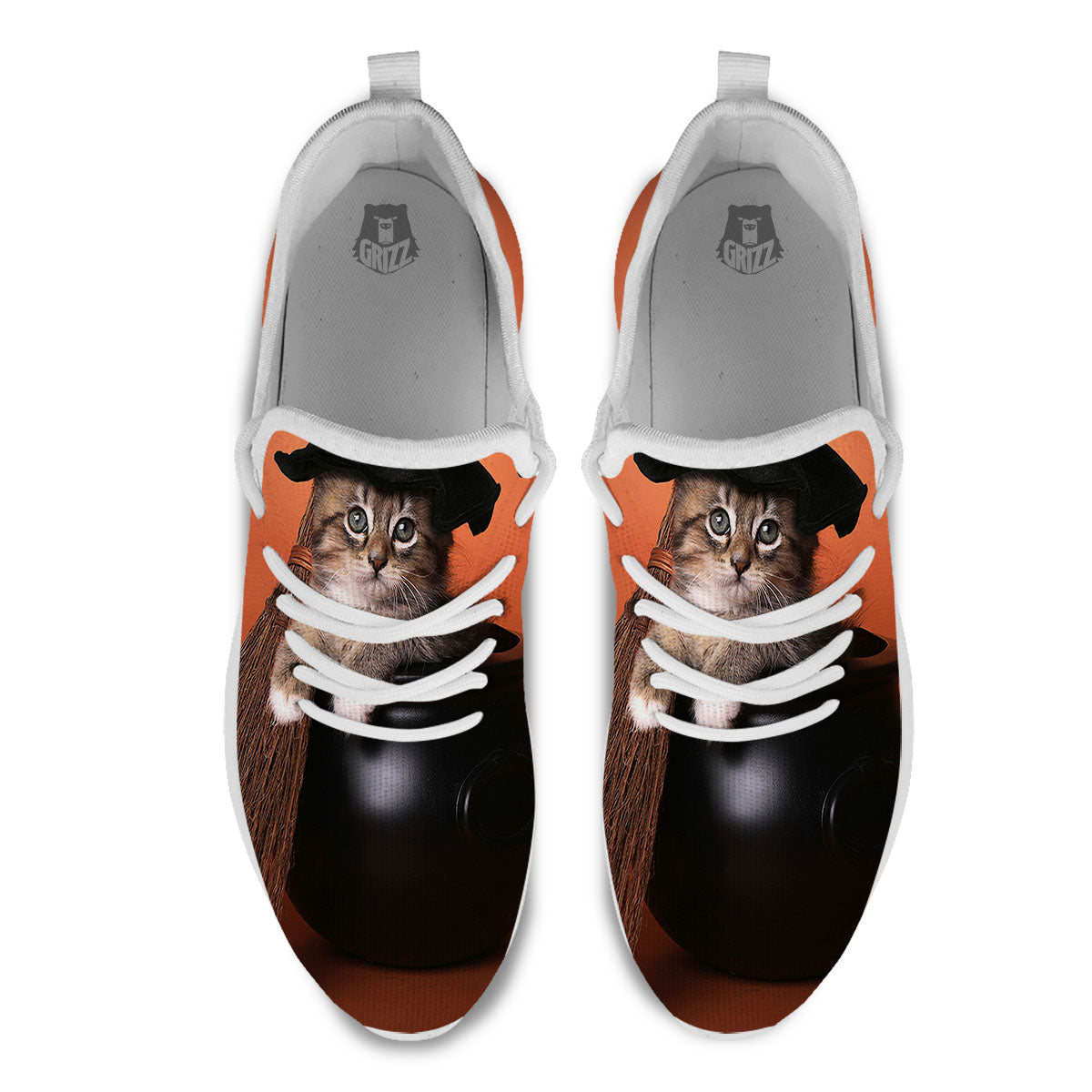 Witch Cat Halloween Cute Print White Athletic Shoes-grizzshop