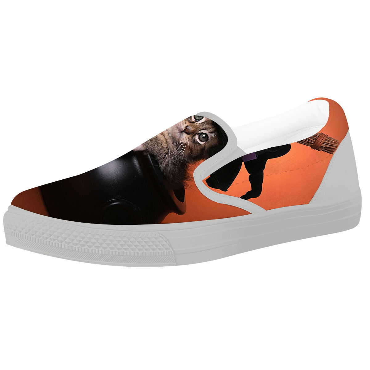 Witch Cat Halloween Cute Print White Slip On Shoes-grizzshop