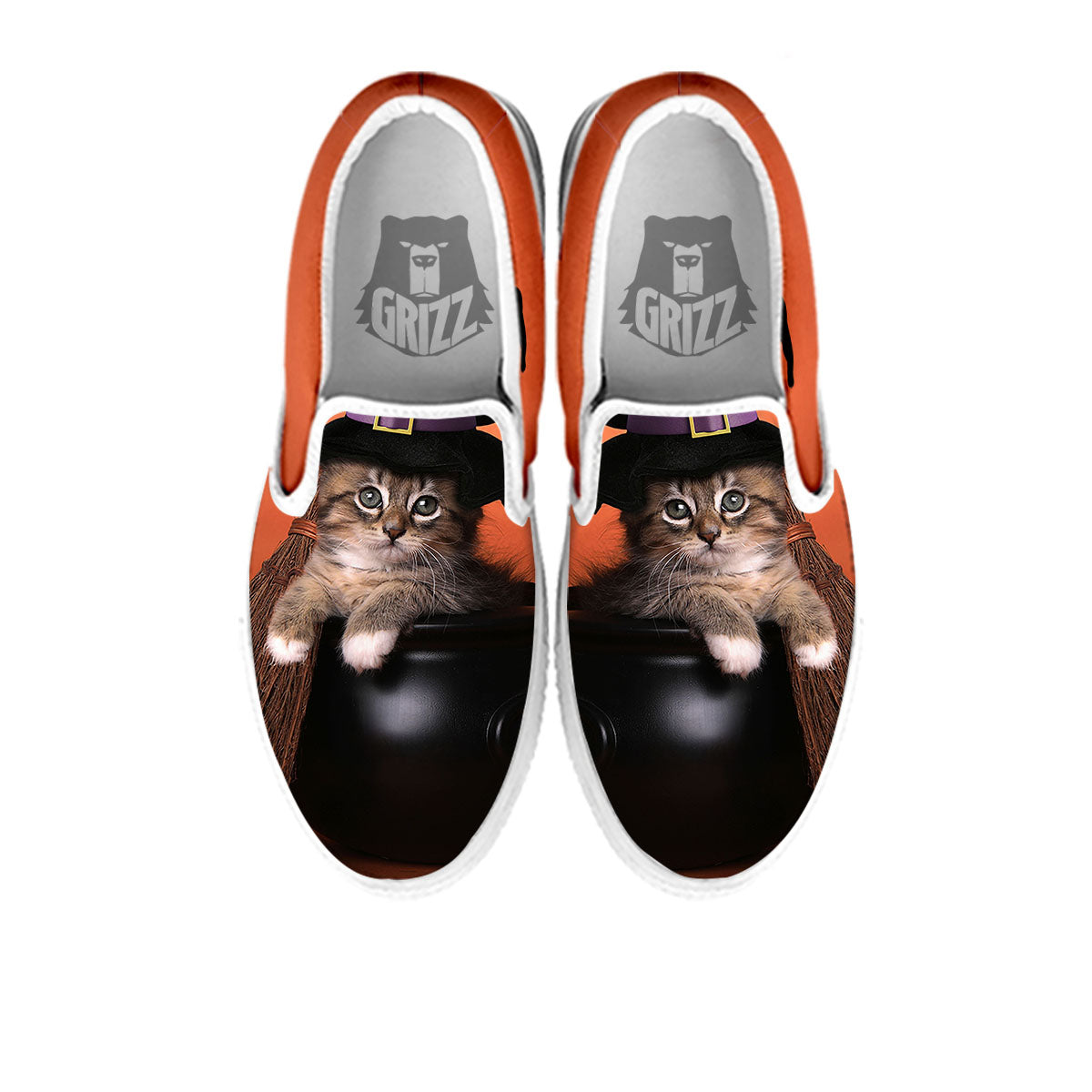 Witch Cat Halloween Cute Print White Slip On Shoes-grizzshop