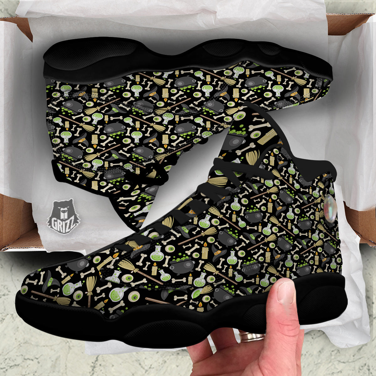 Witch Cauldron Green Print Pattern Black Basketball Shoes-grizzshop