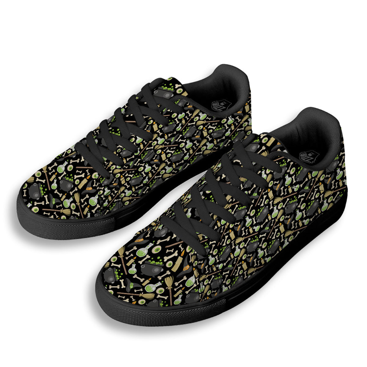 Witch Cauldron Green Print Pattern Black Low Top Sneakers-grizzshop